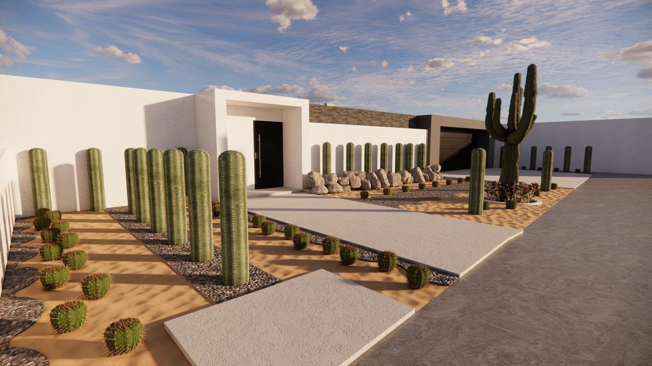 Fachada Minimalista con Paisajismo Desértico
